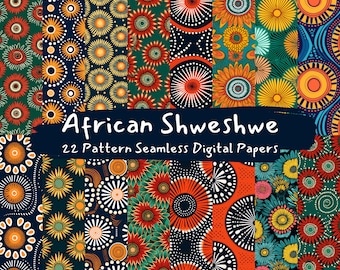 May include: A collection of 22 seamless digital papers featuring vibrant African Shweshwe patterns. The designs showcase colorful floral and geometric motifs in shades of orange, blue, green, and white. The text "African Shweshwe" and "22 Pattern Seamless Digital Papers" is displayed.