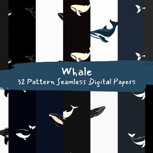 以下が含まれることがあります： さまざまなクジラのイラストが描かれた、32種類のデジタルペーパーパターンセット。パターンは黒、白、青の色で構成されています。テキスト「Whale 32 Pattern Seamless Digital Papers」は青い背景に表示されています。