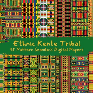 Könnte beinhalten: Ein digitales Papierpaket mit 15 nahtlosen Mustern, inspiriert von Kente-Stoff. Die Muster sind in leuchtenden Farben, darunter Rot, Gelb, Grün, Schwarz und Weiß, und weisen geometrische Designs auf. Der Text "Ethnic Kente Tribal 15 Pattern Seamless Digital Papers" wird auf einem grünen Hintergrund angezeigt.