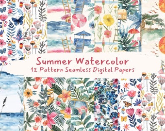 Summer Watercolor Pattern Seamless Digital Papers - printable scrapbook paper instant download, commercial use, 300dpi