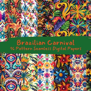 May include: A set of 16 digital papers featuring colorful, vibrant patterns inspired by Brazilian Carnival. The patterns include masks, flowers, and geometric designs.