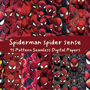 May include: A selection of 13 seamless digital papers showcasing Spider-Man's face and costume in diverse designs. The papers are mainly red, with black, white, and blue details. The text "Spiderman Spider Sense" is presented on a maroon banner.