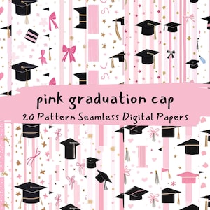 Könnte beinhalten: Digitales Papier-Set mit einem sich wiederholenden Muster aus schwarzen Abschlusskappen, rosa Schleifen, Herzen und goldenen Sternen auf weißem Hintergrund mit rosa Streifen. Der Text lautet "pink graduation cap" und "20 Pattern Seamless Digital Papers".