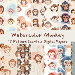May include: A digital paper pack with 15 watercolor monkey patterns. The patterns feature monkeys in various poses and colors, with some patterns including watercolor splatters and other details. The text "Watercolor Monkey" and "15 Pattern Seamless Digital Papers" is included in the image.