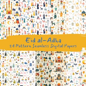 Può includere: Un set di 24 carte digitali con illustrazioni colorate di motivi a tema Eid al-Adha. I motivi includono moschee, stelle, lune crescenti e altri elementi festivi.