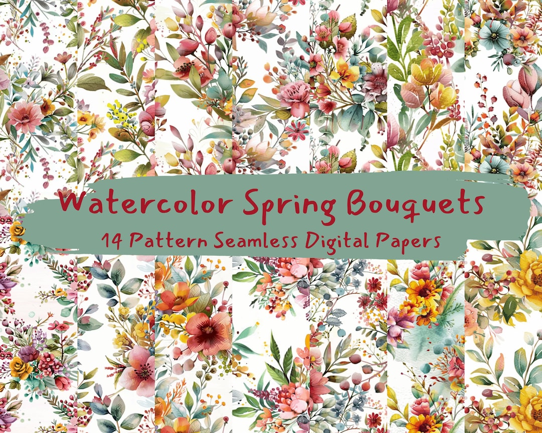 Watercolor Spring Bouquets Pattern Seamless Digital Papers - Printable ...