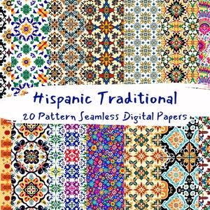 Puede incluir: Una colección de 20 papeles digitales con vibrantes, coloridos e intrincados patrones tradicionales hispanos. Los patrones son sin costuras y se pueden usar para una variedad de proyectos creativos.