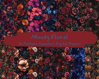 May include: A collection of 16 digital papers featuring moody floral patterns in shades of red, blue, and orange. The patterns are seamless and can be used for a variety of projects.