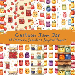 Op de afbeelding: Een set van 18 digitale papieren met cartoon-jam potten met verschillende fruitvullingen en lachende gezichten. De papieren zijn naadloos en perfect voor knutselprojecten.