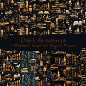 May include: A set of 19 digital papers featuring a dark academia theme. The papers feature a seamless pattern of books, candles, stars, and other magical elements in gold, black, and white.