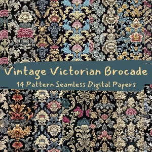 May include: A set of 14 digital papers featuring vintage Victorian brocade patterns. The patterns are intricate and detailed, with a mix of floral and geometric designs. The colors are rich and vibrant, with shades of gold, blue, pink, and green.