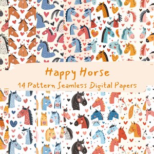 Könnte beinhalten: Ein Set mit 14 digitalen Papiermustern mit bunten Comic-Pferden mit Herzen auf weißem Hintergrund. Der Text "Happy Horse 14 Pattern Seamless Digital Papers" wird oben im Bild angezeigt.