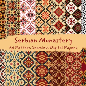 May include: A set of 20 digital papers featuring intricate geometric patterns inspired by Serbian monastery tile designs. The patterns are in shades of red, yellow, blue, and black.