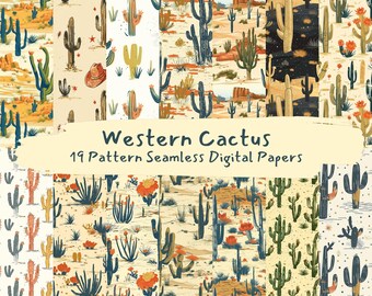 May include: A selection of 19 seamless digital papers with a Western cactus theme. The designs showcase cacti in green, yellow, and brown, set against desert landscapes with red rock formations and a cowboy hat.