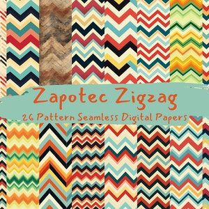May include: A set of 26 digital papers featuring colorful zigzag patterns in various color combinations, including red, blue, yellow, green, and black. The patterns are seamless and can be used for a variety of crafting projects.