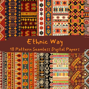 May include: A set of 18 digital papers featuring colourful, geometric patterns inspired by ethnic designs. The patterns are seamless and can be used for a variety of projects, such as scrapbooking, card making, and digital design.