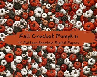 Fall Crochet Pumpkin Pattern Seamless Digital Papers - printable scrapbook paper png instant download commercial use 300dpi