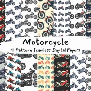 May include: Eleven digital paper patterns featuring vintage motorcycle illustrations. The patterns are in various colors, including black, white, red, blue, and yellow. The patterns are seamless and can be used for scrapbooking, card making, and other craft projects.