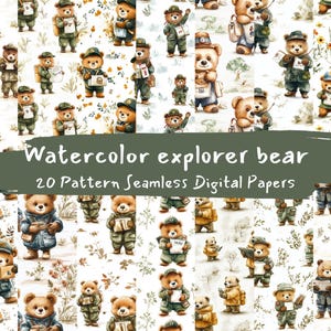Padrão de urso explorador de aquarela sem costura papéis digitais - papel de scrapbook para impressão png download instantâneo uso comercial 300dpi