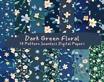 Dark Green Floral Pattern Seamless Digital Papers - printable scrapbook paper png instant download commercial use 300dpi