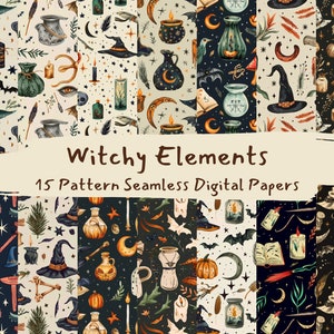 May include: A set of 15 digital papers featuring a witchy theme. The papers feature various illustrations of witchy elements, including cauldrons, potions, stars, moons, candles, and more. The papers are in a variety of colors, including black, white, green, and orange.