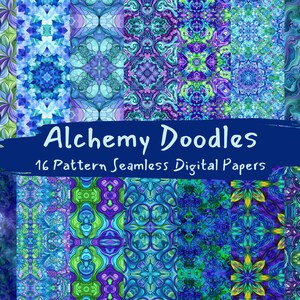 May include: A digital paper pack with 16 seamless patterns in shades of blue, green, and purple. The patterns are intricate and feature geometric shapes, swirls, and floral motifs. The text "Alchemy Doodles" and "16 Pattern Seamless Digital Papers" is displayed on a blue banner.