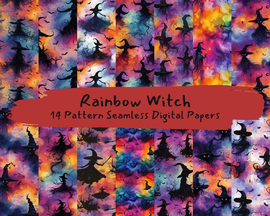 Rainbow Witch Pattern Seamless Digital Papers - Printable Scrapbook ...