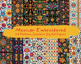 Mexican Embroidered Pattern Seamless Digital Papers - printable scrapbook paper instant download, commercial use, 300dpi