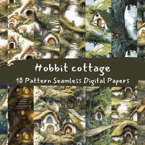 May include: A digital paper pack with 18 seamless patterns featuring whimsical hobbit houses with green, brown, and gray tones. The patterns are perfect for crafting projects, scrapbooking, and digital design.