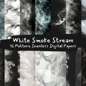 Può includere: Un set di 16 carte digitali con motivi senza cuciture di flussi di fumo bianco su vari sfondi, tra cui nero, bianco e grigio.  "White Smoke Stream 16 Pattern Seamless Digital Papers" è scritto in nero su sfondo bianco.