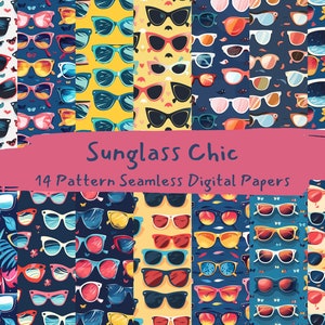 Op de afbeelding: Een digitaal papierpakket met 14 naadloze patronen met kleurrijke zonnebrillen op een donkerblauwe achtergrond. De tekst "Sunglass Chic" en "14 Pattern Seamless Digital Papers" wordt weergegeven op een roze banner.