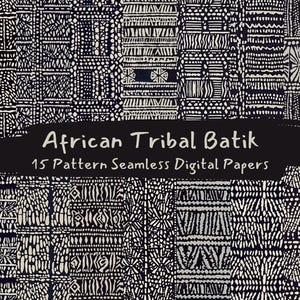 Può includere: Quindici carte digitali senza cuciture con motivi batik tribali africani in bianco e nero. I disegni includono motivi geometrici e astratti. Il testo "African Tribal Batik" è visualizzato su uno striscione nero.