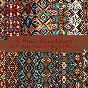 Könnte beinhalten: Ein Set mit 16 digitalen Papieren mit nahtlosen Mustern aus bunten geometrischen Rauten. Die Muster sind in Rot-, Blau-, Gelb-, Braun- und Weißtönen gehalten.