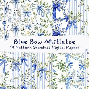 Puede incluir: Un conjunto de 14 patrones de papel digital con lazos azules y muérdago sobre un fondo blanco con rayas azules. El texto "Blue Bow Mistletoe 14 Pattern Seamless Digital Papers" se muestra en una pancarta blanca.