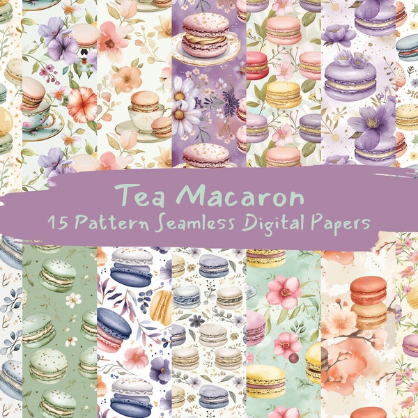 Tea Macaron Pattern Seamless Digital Papers - printable scrapbook paper instant download for commercial use, 300dpi