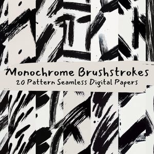Puede incluir: Papeles digitales de trazos de pincel monocromáticos. La imagen presenta una colección de patrones abstractos con trazos de pincel negros sobre un fondo blanco. Se muestra el texto "Monochrome Brushstrokes 20 Pattern Seamless Digital Papers".