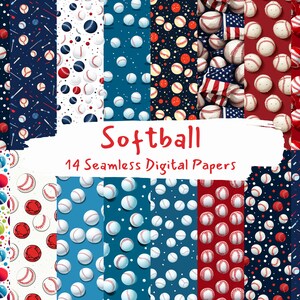 Könnte beinhalten: Ein Set mit 14 digitalen Papieren mit verschiedenen Mustern zum Thema Softball. Die Muster umfassen rot-weiß-blaue Softball-Designs, Sterne und Punkte. Der Text "Softball 14 Seamless Digital Papers" wird am unteren Rand des Bildes angezeigt.