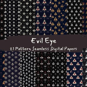 May include: A set of 21 digital paper patterns featuring a repeating design of an all-seeing eye in a triangle. The patterns are in black, white, red, gold, and blue.