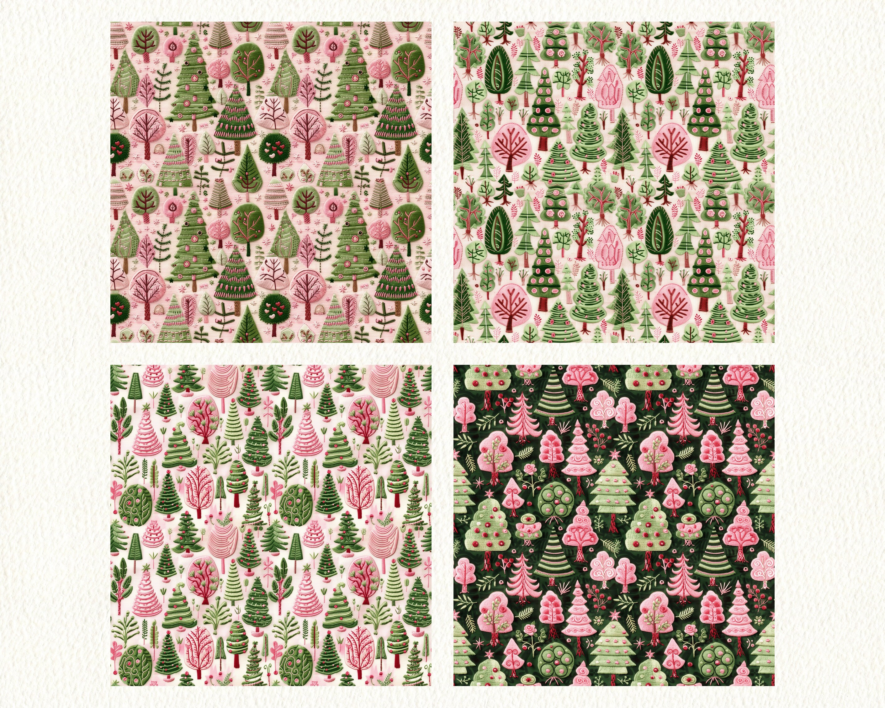 Embroidered Pink and Green Trees Pattern Seamless Digital Papers ...