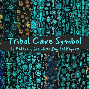 May include: A digital paper pack with 16 seamless patterns featuring tribal cave symbols in blue and yellow on a black background. The text "Tribal Cave Symbol" and "16 Pattern Seamless Digital Papers" is displayed on the image.