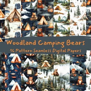 Modello di orsi da campeggio nel bosco senza cuciture - carta per scrapbooking stampabile png download immediato uso commerciale 300 dpi