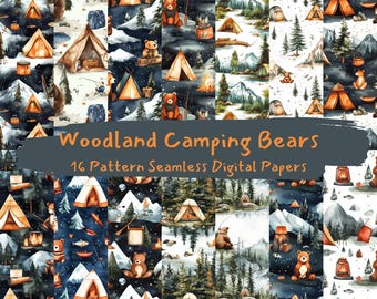 Woodland Camping Bears Pattern Seamless Digital Papers - printable scrapbook paper png instant download commercial use 300dpi