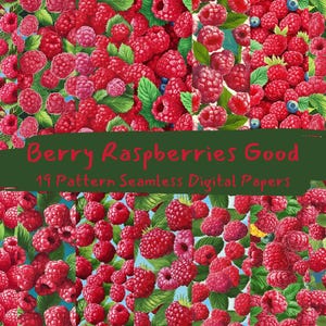 Może przedstawiać: Pakiet cyfrowych papierów z 19 wzorami bez szwów przedstawiającymi czerwone maliny i zielone liście. Tekst "Berry Raspberries Good 19 Pattern Seamless Digital Papers" jest wyświetlany na zielonym banerze.