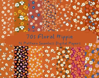 70s Floral Hippie Pattern Seamless Digital Papers - printable scrapbook paper instant download, commercial use, 300dpi