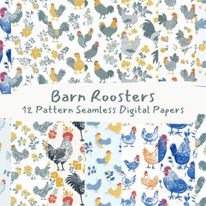 May include: Twelve digital paper patterns featuring colorful roosters with floral accents. The patterns are seamless and can be used for crafting, scrapbooking, and other creative projects.