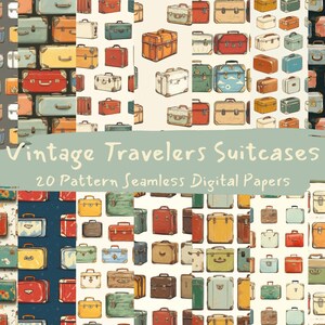 May include: A set of 20 digital paper patterns featuring vintage suitcases in various colors and designs. The patterns are seamless and can be used for scrapbooking, card making, and other craft projects.