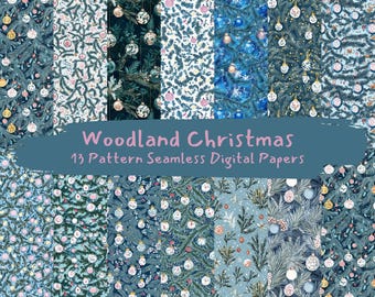 May include: A set of 13 digital paper patterns featuring woodland Christmas themes. The patterns include blue, green, white, and pink colours with various Christmas ornaments, pine branches, and snowflakes.