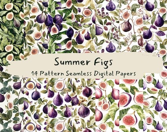 May include: A set of 14 digital paper designs featuring watercolor illustrations of figs and leaves. The papers are seamless and can be used for a variety of creative projects.