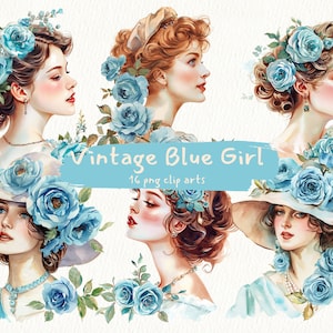 Blaue Rose Lady digital druckbare Clipart-Bundle im PNG-Format mit transparentem Hintergrund, sofortiger Download für kommerzielle Nutzung