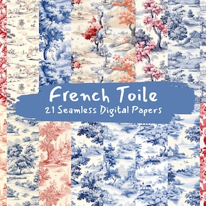 Op de afbeelding: Een digitaal papierpakket met 21 naadloze patronen met een Frans toile-ontwerp. De patronen zijn in tinten blauw, rood en wit en bevatten afbeeldingen van bomen, huizen en vogels. De tekst "French Toile" en "21 Seamless Digital Papers" wordt weergegeven op een blauwe achtergrond.